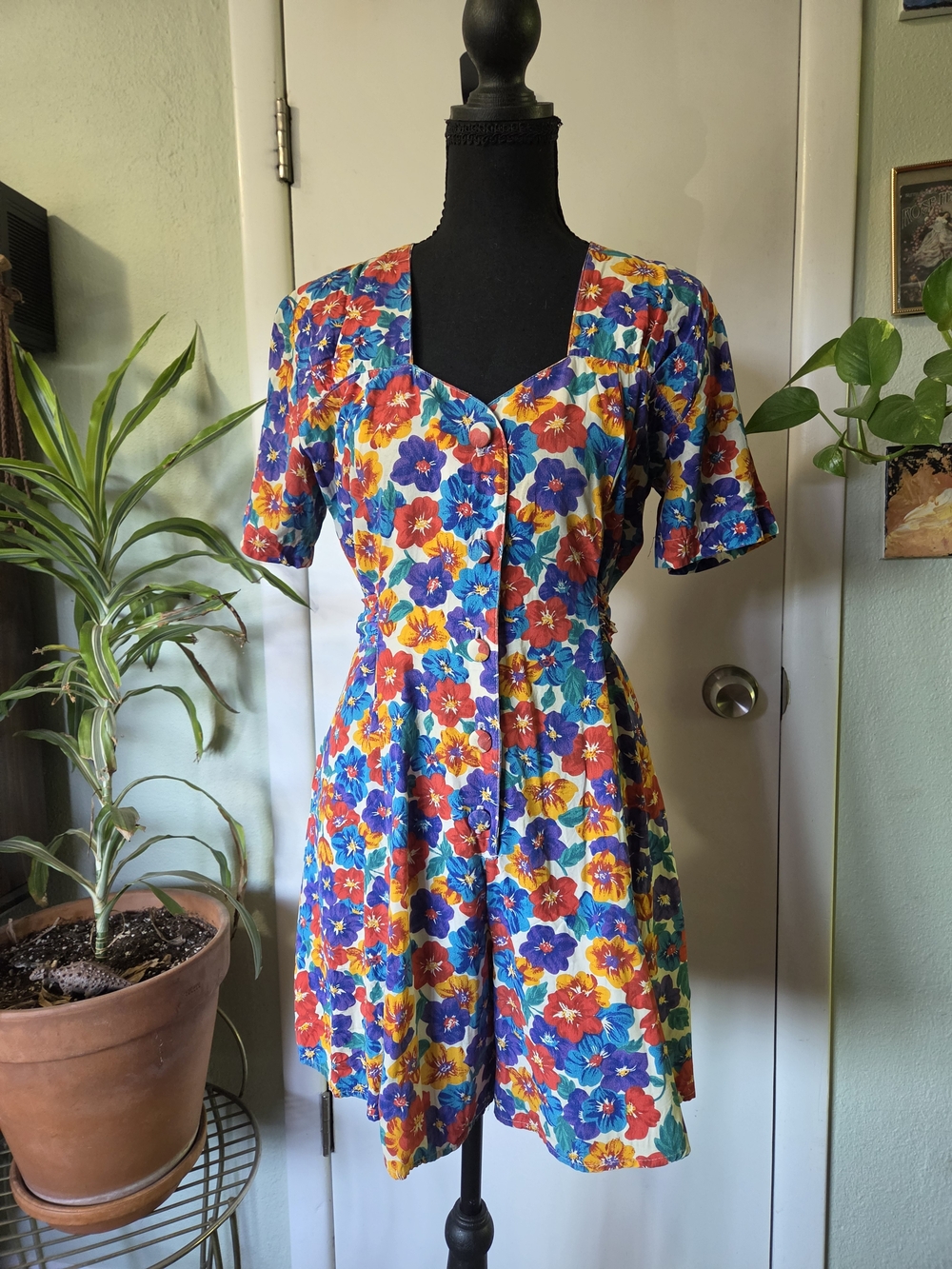 Floral Short-Sleeve Button-Front Romper